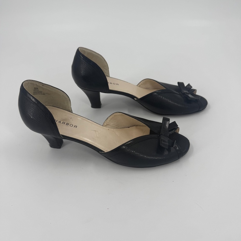 Sag Harbor Anita Heeled Sandals Womens US 9.5M Black Bow Detail Peep Toe Slip On